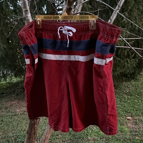 Merona Red Stripes Swim Trunks Swimwear Mesh Lining Elastic Drawstring XXL 44/46 - Picture 3 of 16